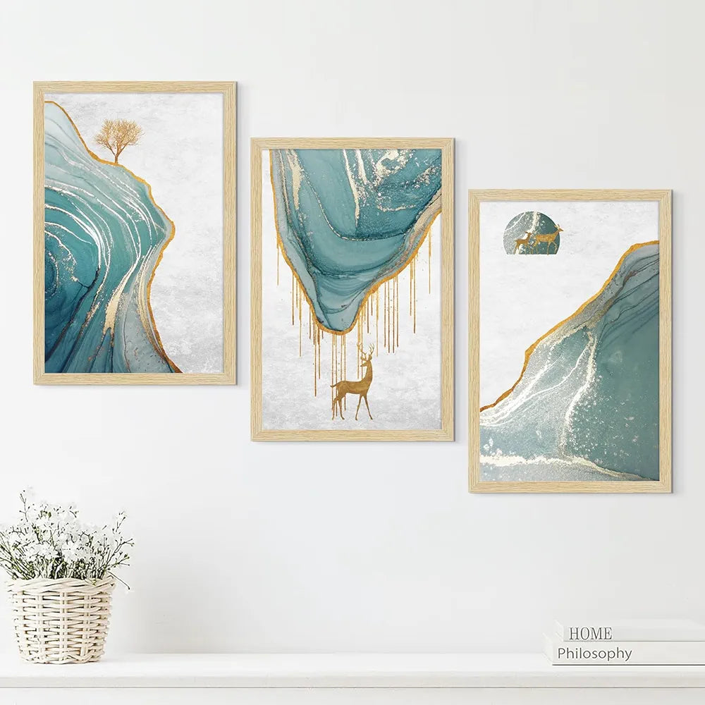 ArtX Paper Golden Deer Paintings with Frame Set of 3