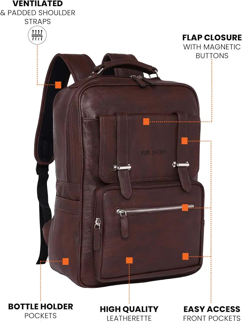 FUR JADEN Vegan Leather Stylish 15.6 Inch Laptop Backpack Travel Weekender Bag For Men Women