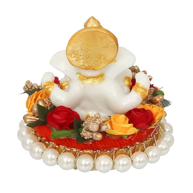Ecraftindia Resin Lord Ganesha Idol on Decorative Plate | Lord Ganesha Idol | Ganesha Statue for Puja Room