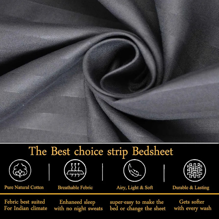 Fresh From Loom 144 TC Queen Size Flat Striped BedsheetsHotel & Home Double Bedsheet Set with 2 Pillow Covers Grey