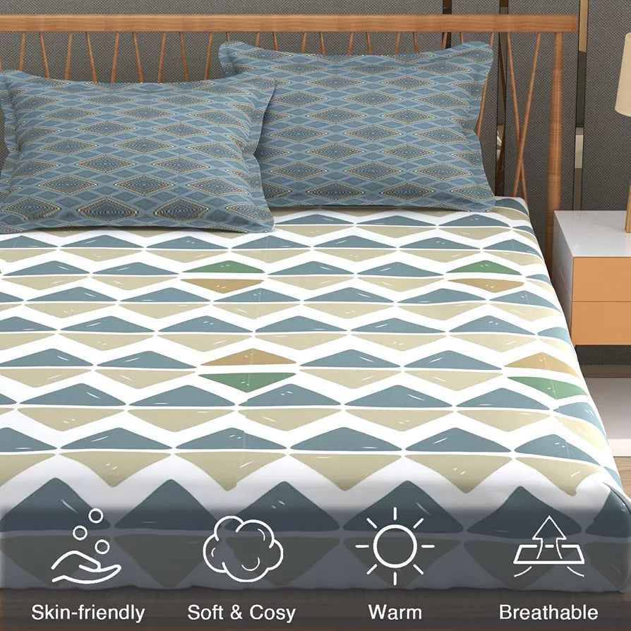 Fresh From Loom 240 TC Microfiber Cotton King Size Bedsheet for Double Bed with 2 Pillow Cover Blue Beige