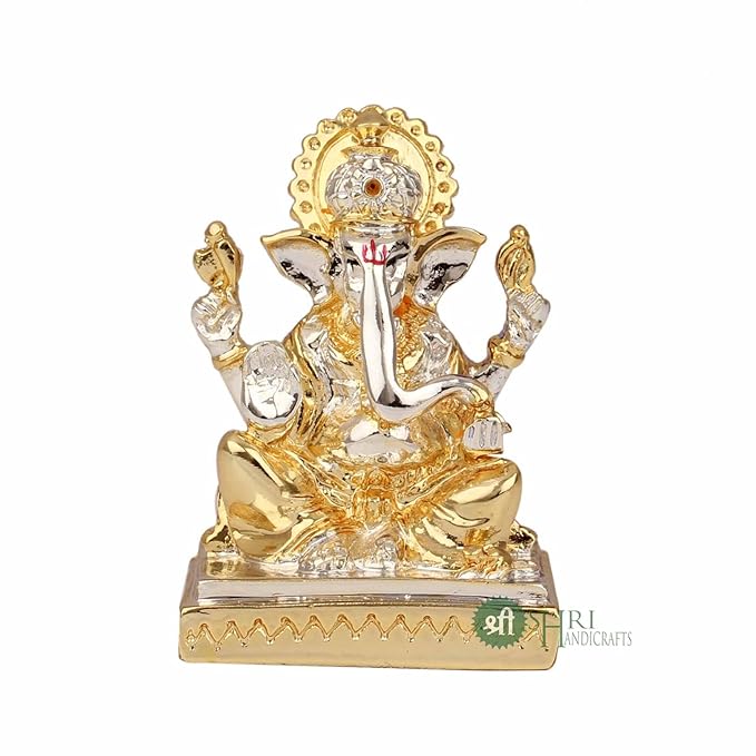 Indicast Gold & Silver Plated Ganesha Idol Murti for Car Dashboard Home Decor and Gifts Items
