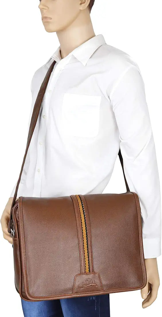 Leather World Tan 14.5 inch Pu Leather Unisex Laptop Bag for Men Office Bag for Men Messenger Bag