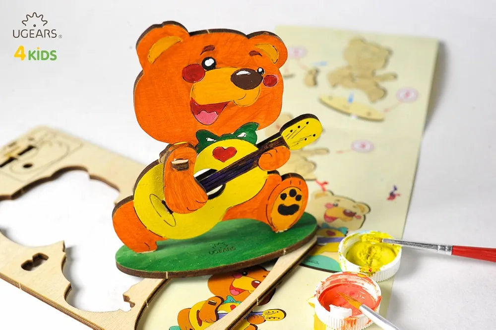 Ugears 3D Wooden Animal Jigsaw Puzzle Games - Coloring kit - Teddy Bear - STEAM Learning Brain Games Toys & Animal Puzzles for Kids - Building Toys & Building Sets for Kids - Birthday Gift for Kids