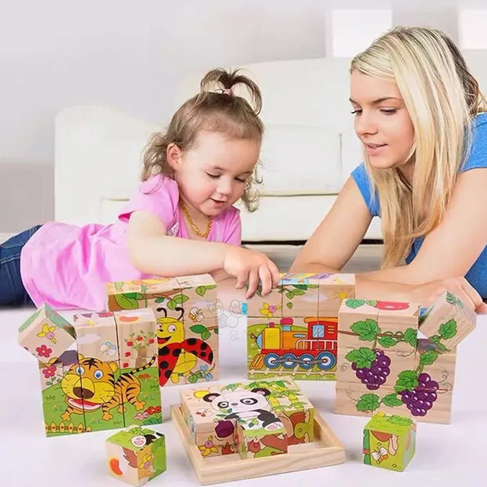 Trinkets & More - 3D Jigsaw Puzzle Wooden Cube Block 6 Face 9 Pieces with Storage Tray Kids 3+ Years