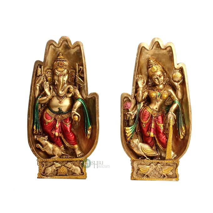Indicast 8" Inch Namaste Lakshmi Ganesh Copper Painting Idol Decorative Showpiece Handcrafted Lakshmi Ganesh Murti for Home Office