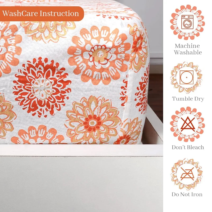 Divine Casa 144 TC 100% Cotton Floral Peach Ultrasoft King Size Bedsheet Cotton Elastic Fitted Pureed Pumpkin