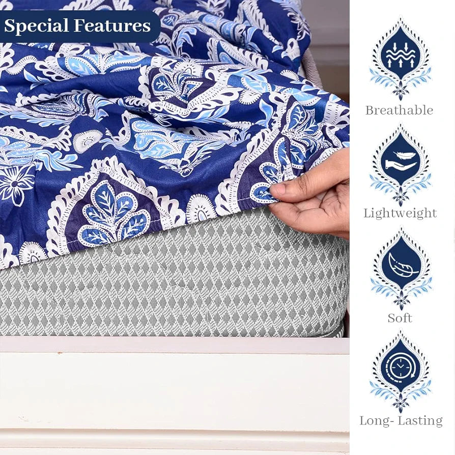Divine Casa 144 TC Floral Blue 100% Elastic Fitted Printed King Size Double Bed Bedsheet with 2 Pillow Cover for Bedroom Colour Baja Blue