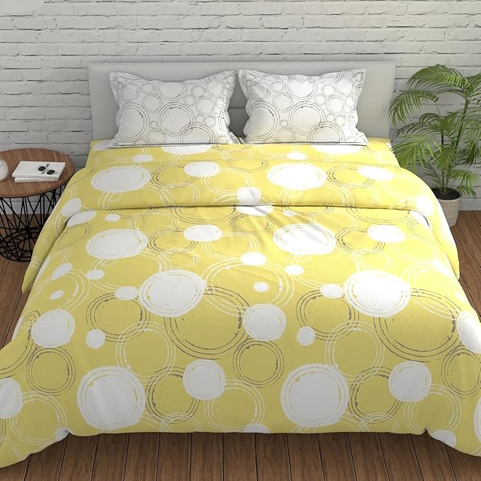 Huesland by Ahmedabad Cotton 144 TC King Size Bedsheet Cotton with 2 Pillow Covers | Sphere | Yellow & Off White