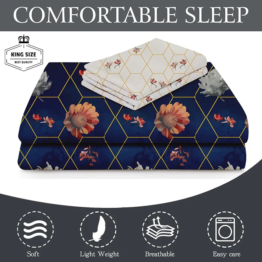 Fresh From Loom Floral Microfiber Cotton Bedsheet for Double Bed 240 TC King Size Soft Bed Sheet with 2 Pillow Cover Hexagon Royal Blue
