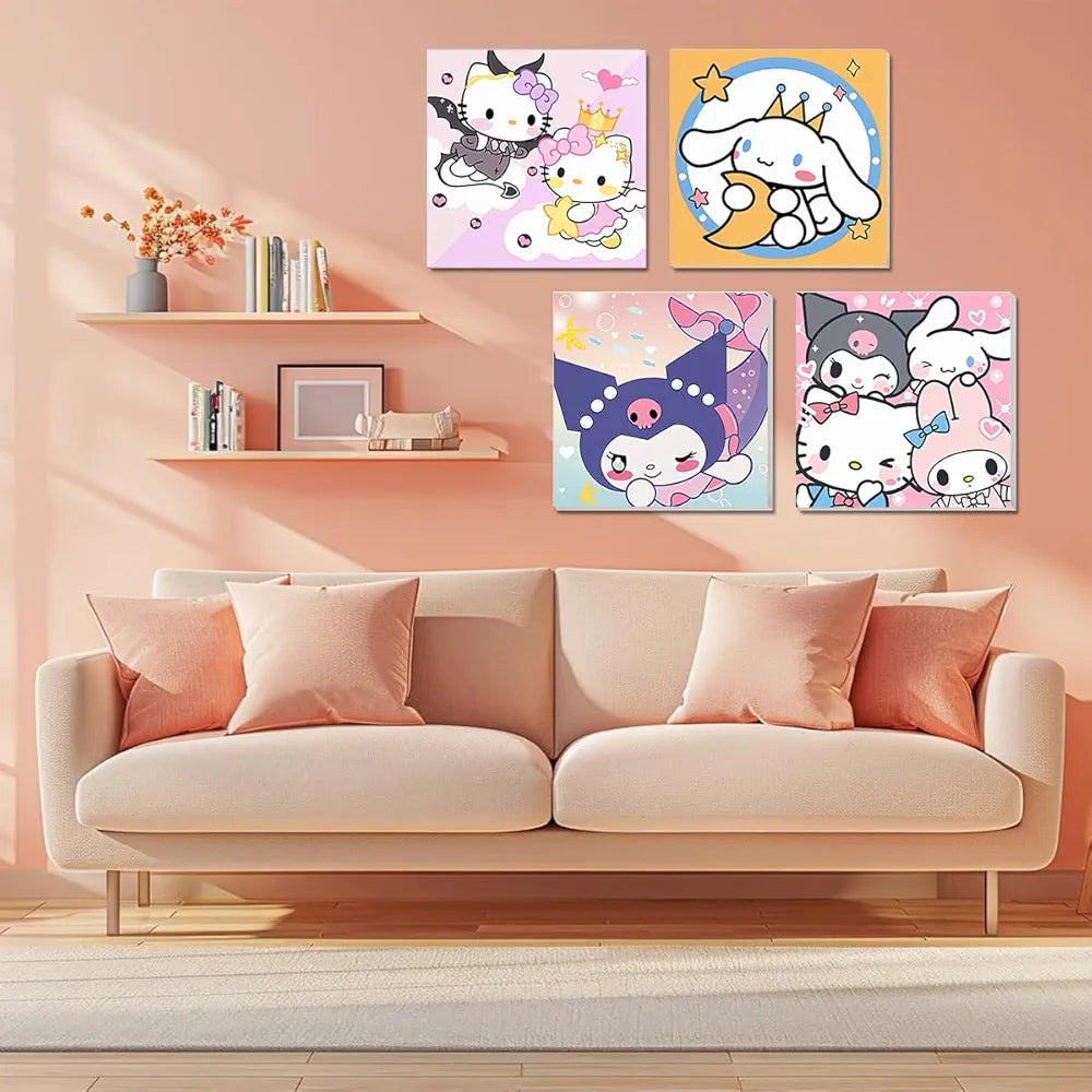 HASTHIP® 4Pcs DIY Oil Painting Paint by Numbers Kits 7.8 Inches Cartoon Sanrio Anime Framed Canvas Oil Set with Brush & Featuring Vibrant Pigments for Kids & Adult Beginners Gifting & Wall Decor