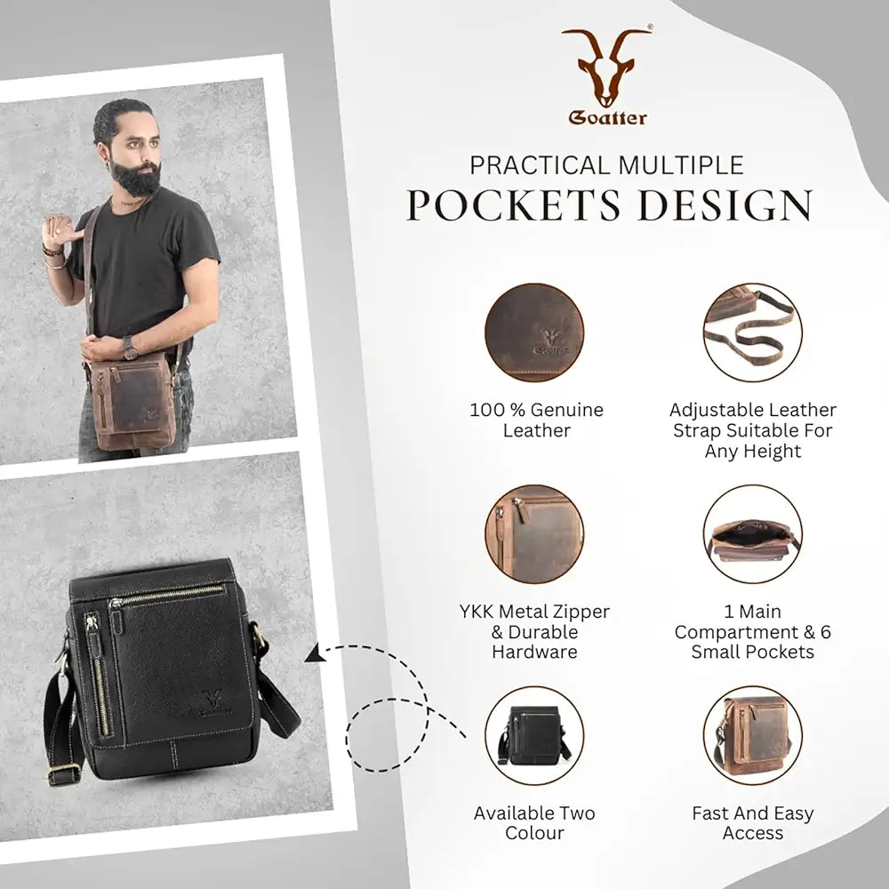 Goatter Genuine Leather Multi Pocket 10" Inch Messenger Sling Bag For Men