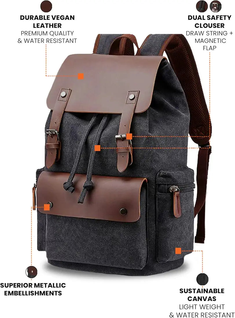 FUR JADEN Eco Friendly Travel Laptop Backpack Made of Water Resistant Sustainable Canvas and Vegan Leather for Men and Women for Travel Hiking Work
