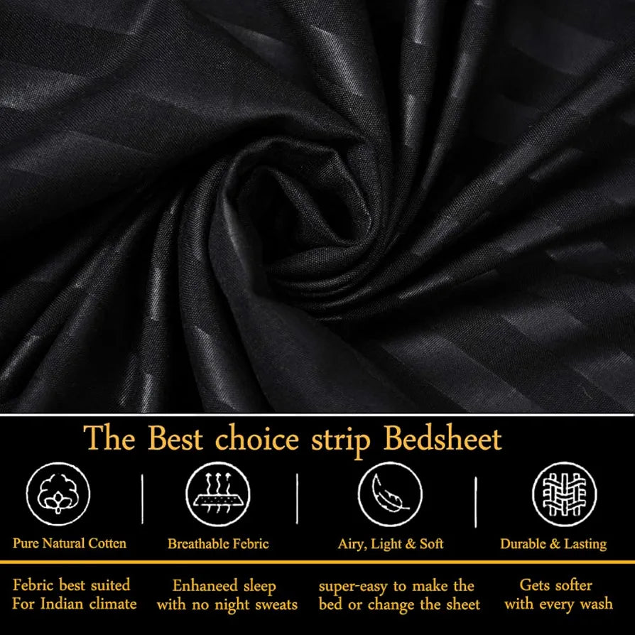 Fresh From Loom Breathable Queen Size Flat Solid Bedsheets Hotel & Home Double Bedsheet Set With 2 Pillow Covers 144 Tc Black