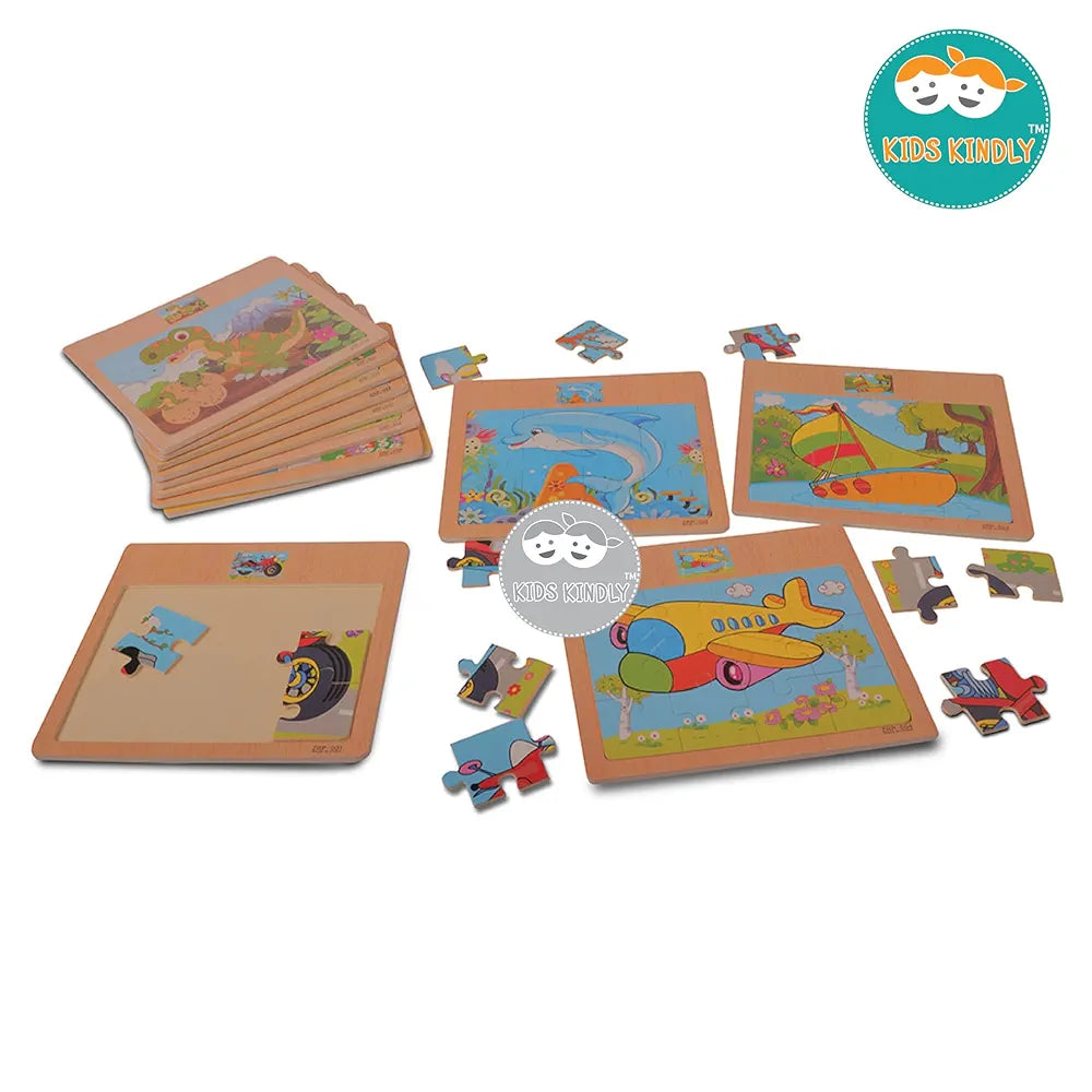 KIDS KINDLY Wooden 12 Piece Jigsaw Puzzle for Kids, Animals & Vehicle Theme Game, Promotes Fine Motor Skills, Improve Hand-Eye Coordination, Puzzle Game for Kids - 3 Years+ Random Design