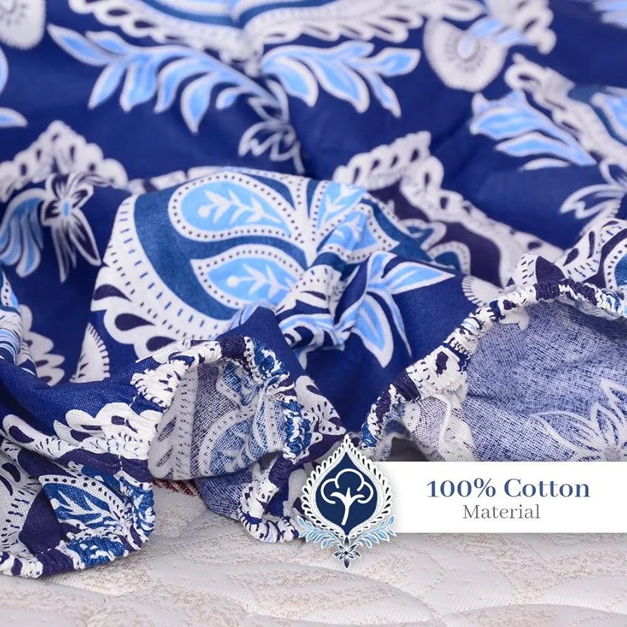 Divine Casa 144 TC Floral Blue 100% Elastic Fitted Printed King Size Double Bed Bedsheet with 2 Pillow Cover for Bedroom Colour Baja Blue
