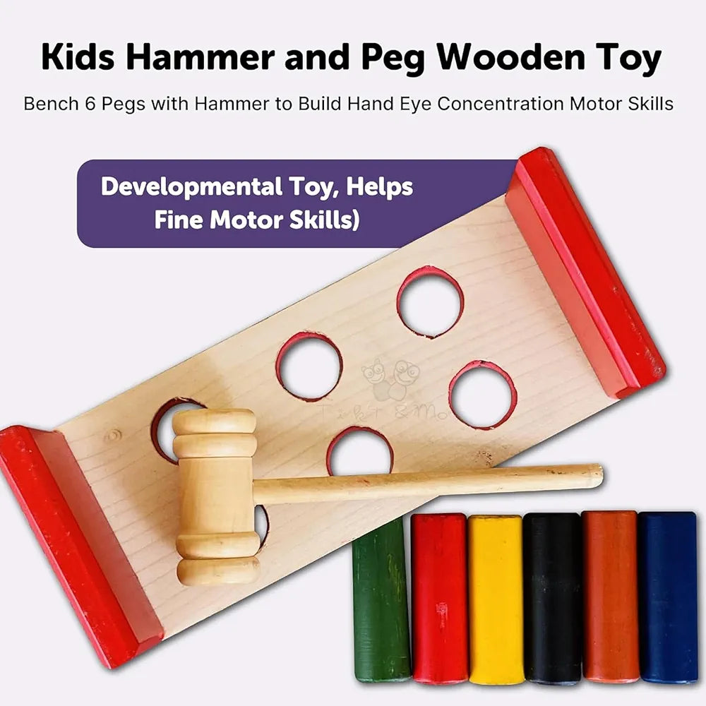 Trinkets & More Pounding Bench 6 Pegs & Toy Hammer for Toddlers Kids 1 Years + Colourful Pound & Play Early Developmental Interactive Hammering