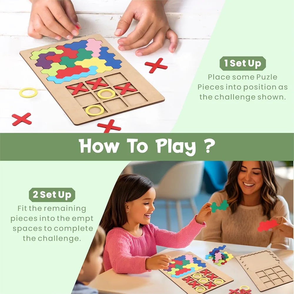SPARTAN KIDSยฎ 3D Wooden Hexagon Puzzle & Classic Tic Tac Toe Game - Montessori Educational Toy for Kids, Creative Shape Pattern Block, Two-in-One Early Learning Toy