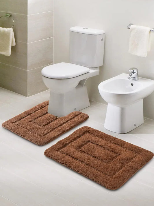 Saral Home Cotton Anti Slip Bathmat Set with Contour Colour Brown