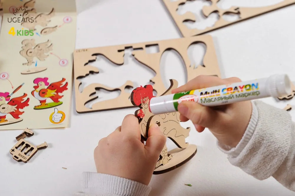 Ugears Cockerel - 3D Wooden Animal Jigsaw Puzzle Games - Kids Coloring kit - STEAM Learning Brain Games Toys & Animal Puzzles for Kids - Building Toys & Building Sets for Kids - DIY Kits for Kids