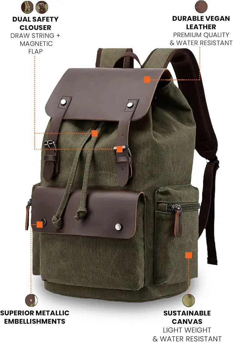 FUR JADEN Eco Friendly Travel Laptop Backpack Made of Water Resistant Sustainable Canvas and Vegan Leather for Men and Women for Travel Hiking Work