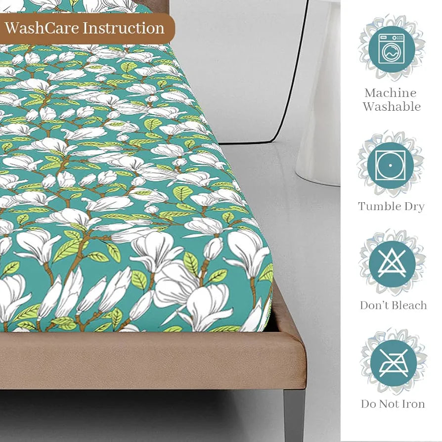 Divine Casa 144 TC Cotton Floral Print King Size Double Bed Elastic Fitted Bedsheet with 2 Pillow Cover Colour Aruba Blue