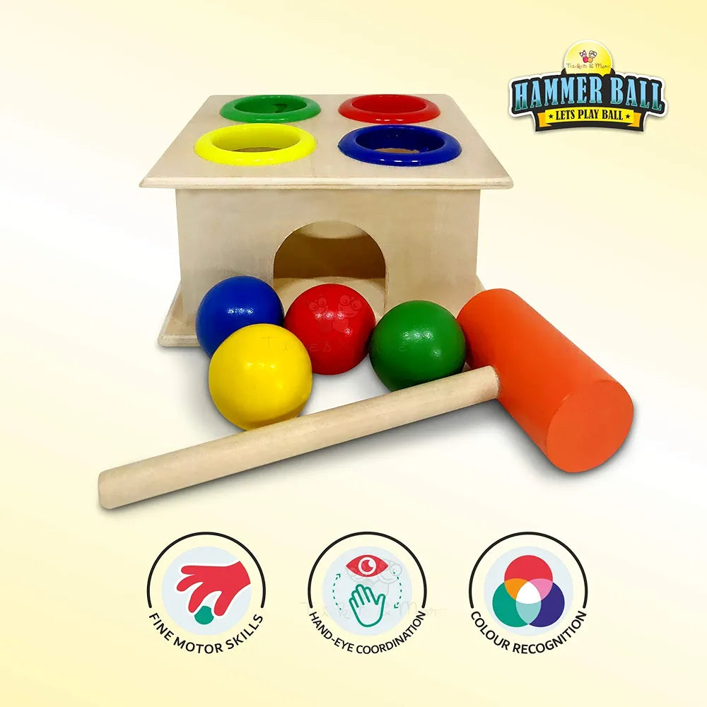 Trinkets & Moreยฎ - Wooden Hammer Ball Knock Pounding Bench with Box Case Fine Motor and Dexterity Skills Early Educational Toy Set for Kids 3+ Years