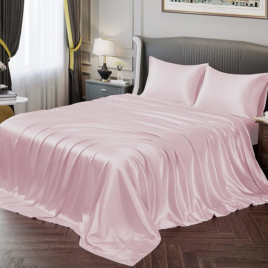 Cloth Fusion Satin Bedsheet for Queen Size Bed Set of 1 & 2 Pillow Covers Baby Pink