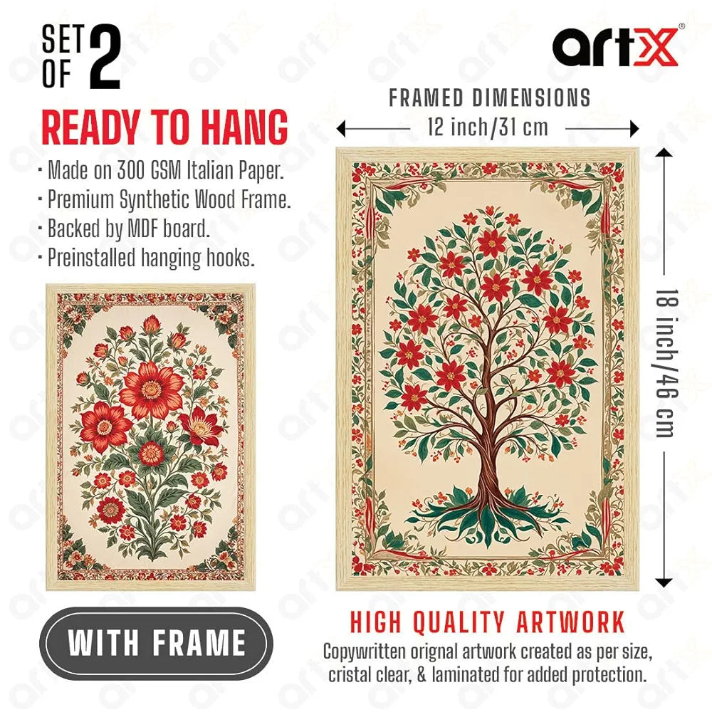 ArtX Paper Floral Art Paintings Flowers - 04 with Frame Multicolor Natural Wood Color Set of 2