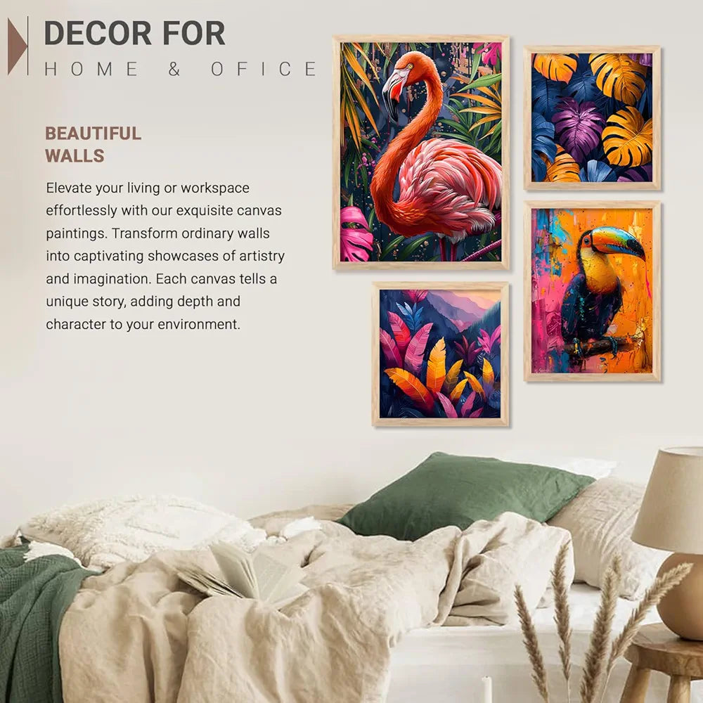 Kotart Nature Inspired Beautiful Flamingo and Botanical Leaf Paintings of 4 frames H