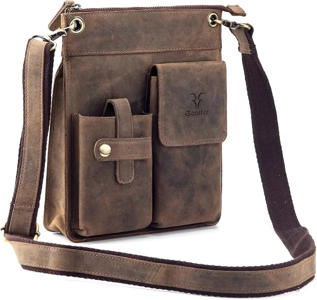 Goatter Men's Hunter Leather 11" Messenger Bag, Coffee