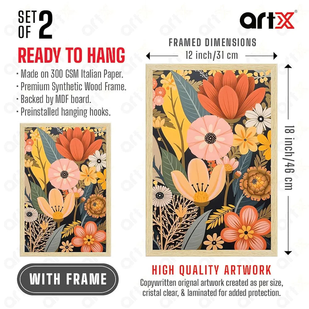 ArtX Paper Boho Art Paintings with Frame Flowers - 08 Set of 2