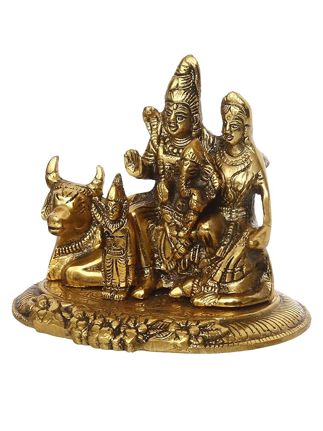Ecraftindia Golden Metal Handcrafted Lord Shiva, Parvati, Kartik, and Ganesha Idol Sitting on Nandi Animal Figurine Decorative Showpiece