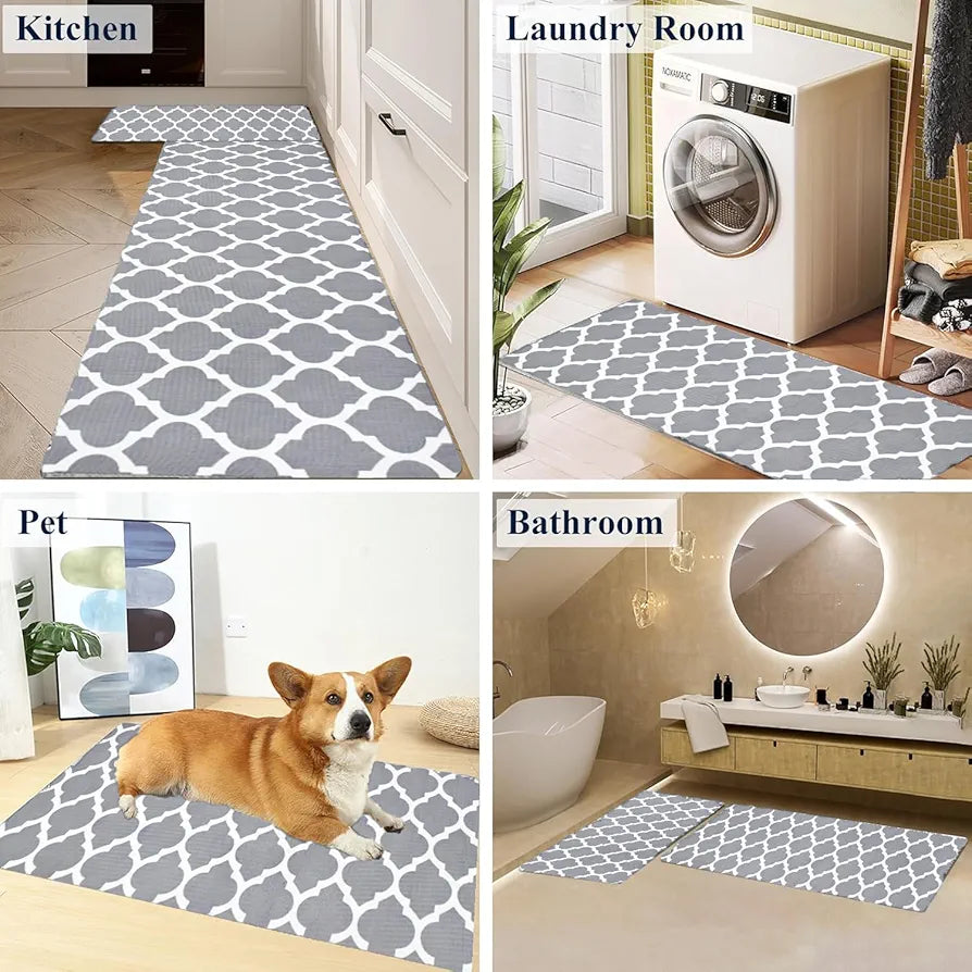 Ishro Home Velvet Premium Kitchen Mats For Floor Kitchen Runner 2 Pcs Set Colour Grey Diamonds