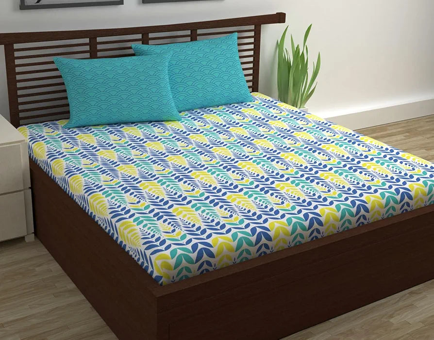 Divine Casa 144 TC Super Soft Cotton Bedsheet for Double Bed 144 Thread Count - Floral Colour Blue & Yellow