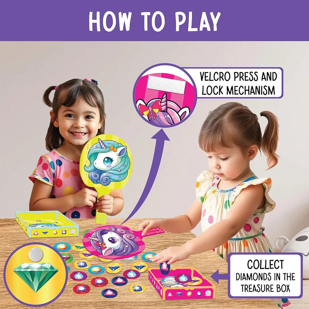 SparkLPlay Unicorn Treasure Game for Girls Ages 3–5 | Fine Motor Skill Toy with 2 Bats, 30 Diamond Coins & 2 Treasure Boxes | Educational Birthday Gift for Toddlers