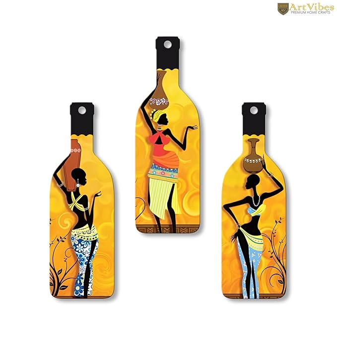 Artvibes African Women Warli Art Wooden Wall Hanging for Home Decor | Set of 3