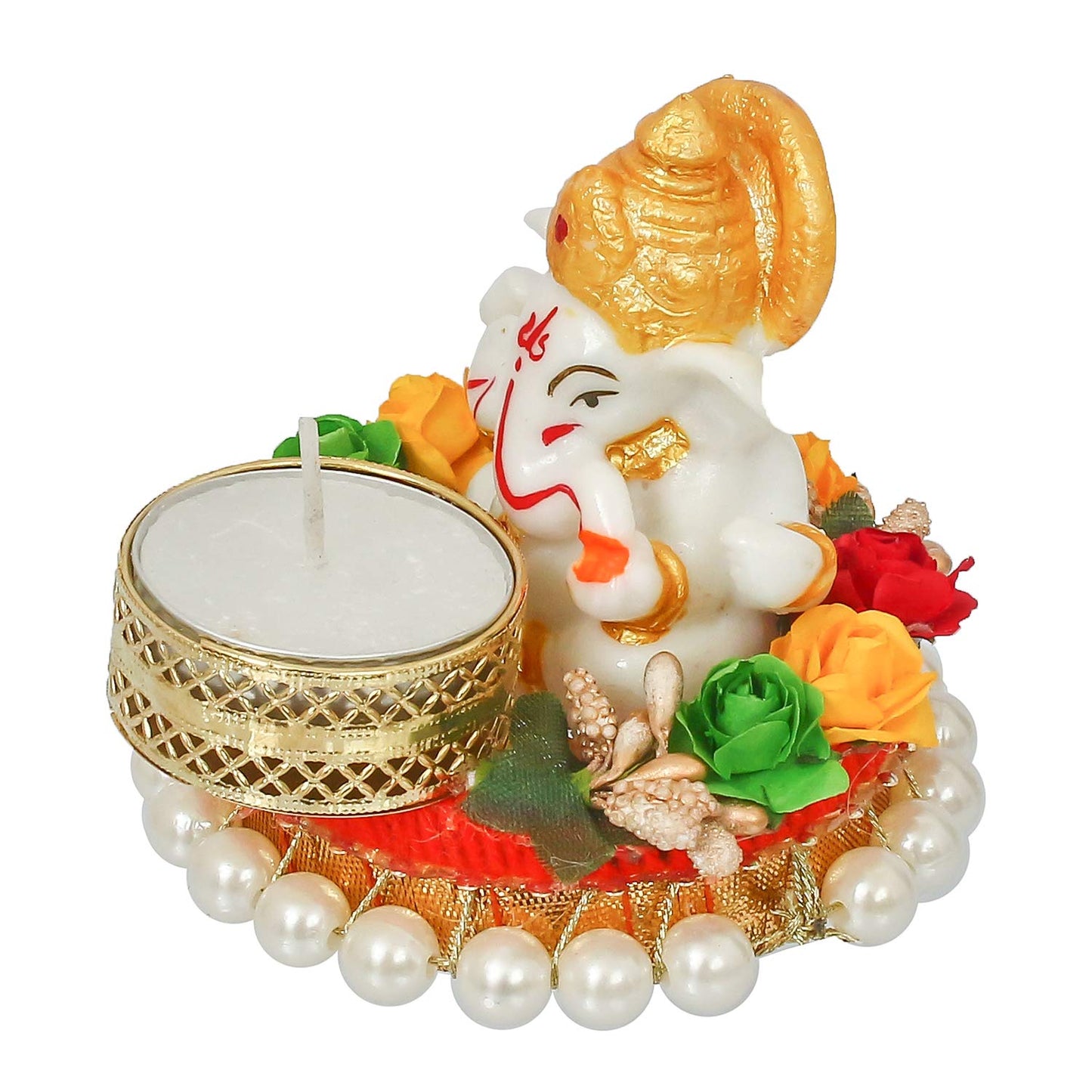 Ecraftindia Resin Lord Ganesha Idol on Decorative Plate Tea Light Holder | Ganesha Statue for Puja Room