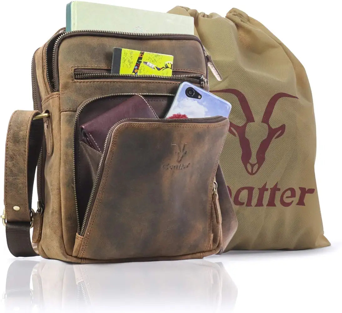 Goatter Men's Genuine Leather 11.5" Inch Messenger Bags, Dark Brown