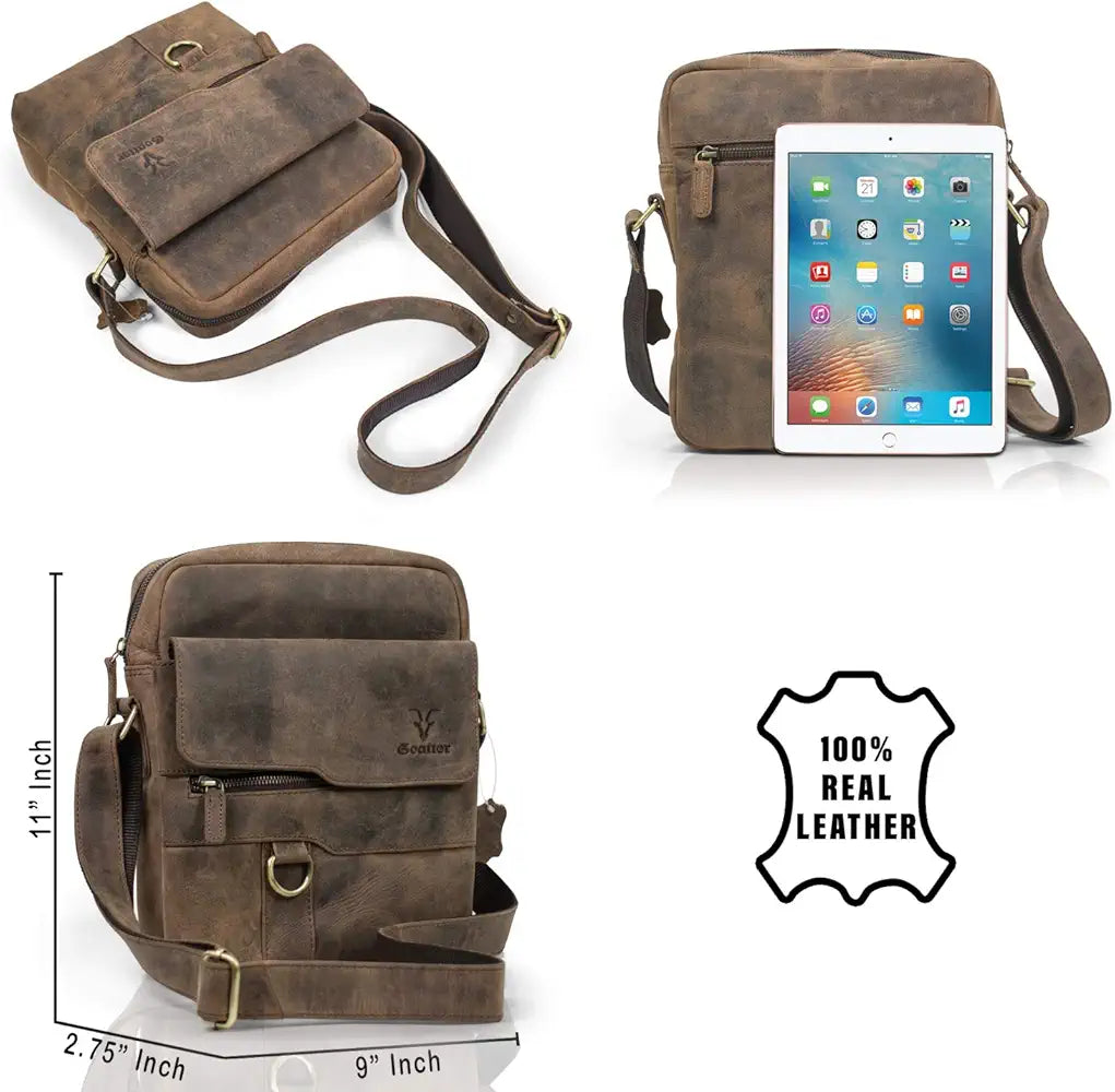 Goatter Men's Hunter Leather 11" Inch Multi-Pocket Messenger Bags