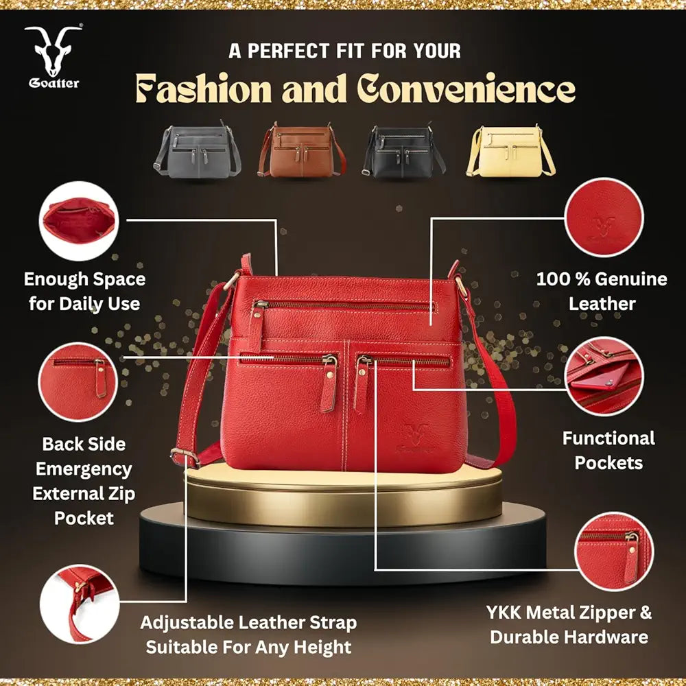 Goatter Genuine Soft Leather Multi Pocket 10" Inch Sling Cross-BodyBag for Girls And Women,