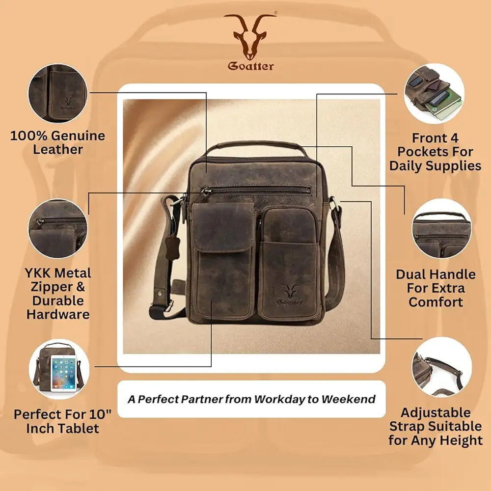 Goatter Hunter Leather 11”Inch Multi Pocket Men's Messenger Bags, GTHT-07