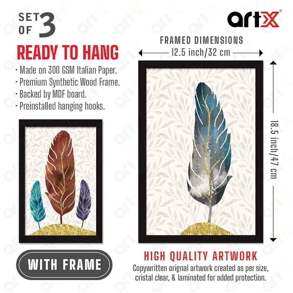 ArtX Paper Abstract Leaf Wall Painting Big Size Framed Painting Multicolor Set Of 3