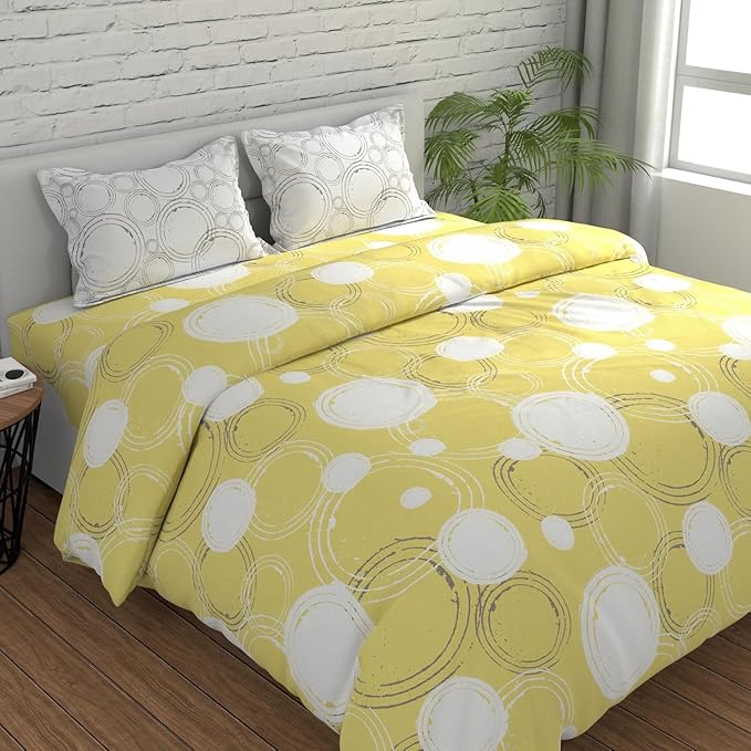 Huesland by Ahmedabad Cotton 144 TC King Size Bedsheet Cotton with 2 Pillow Covers | Sphere | Yellow & Off White