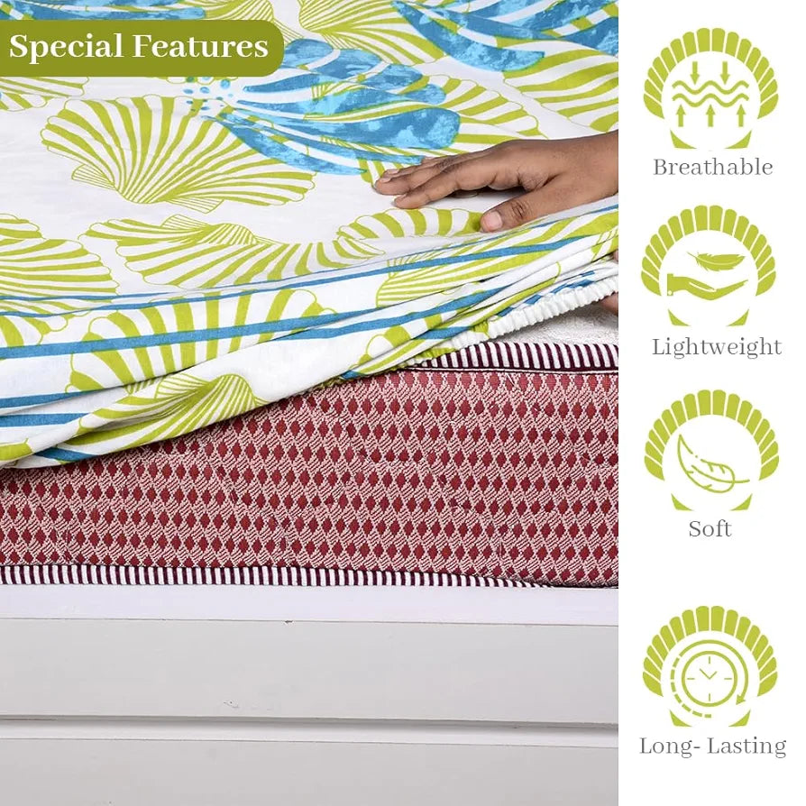 Divine Casa Cotton Acid Lime Bedsheet for Double Bed Elastic Fitted with 2 Pillow Covers Calming Shells Colour Acid Lime