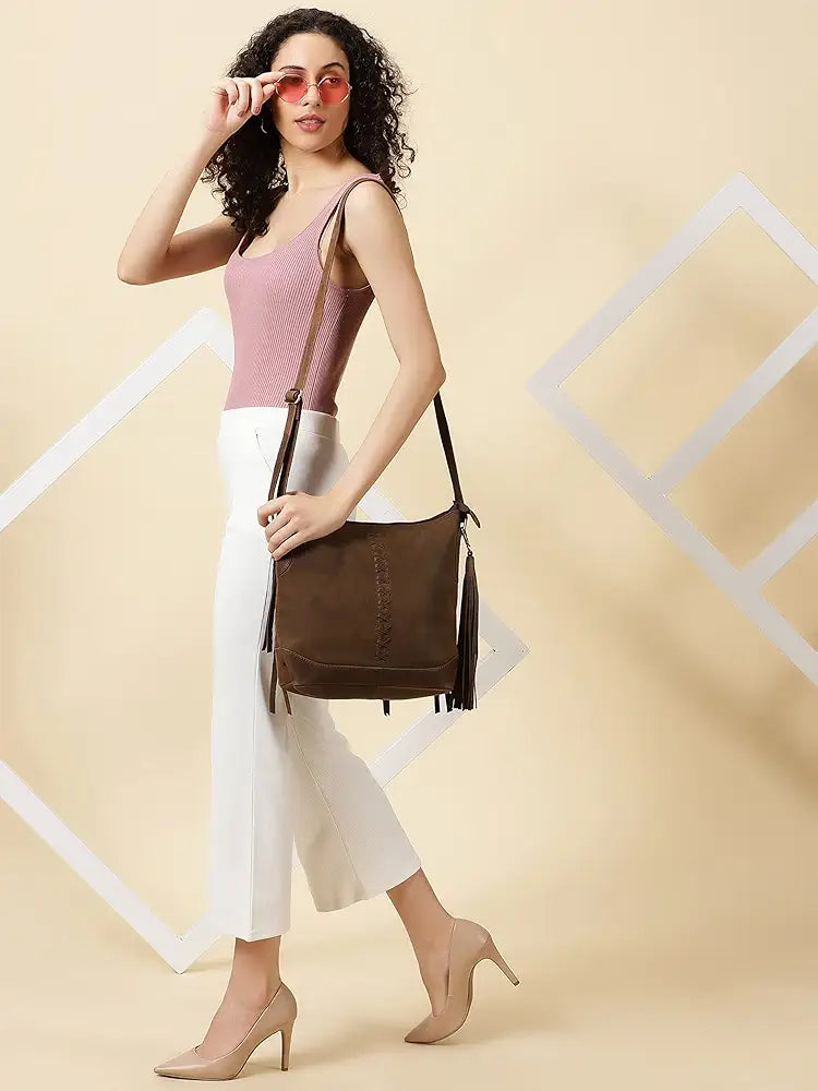 Goatter Hunter Leather 12" Inch Sling Cross-Bodybag/Shoulder Bag For Girls And Women - Brown