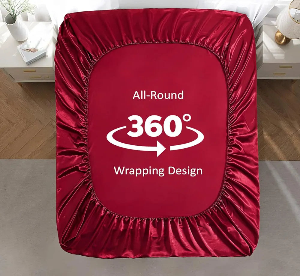 Cloth Fusion Satin Elastic Fitted Bedsheet for Double Bed King Size with 2 Pillow Covers H603 280 TC Crimson Red