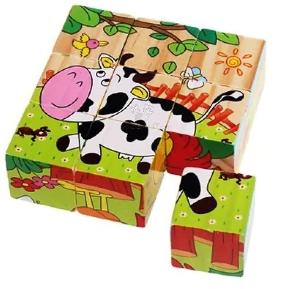 Trinkets & More - 3D Jigsaw Puzzle Wooden Cube Block 6 Face 9 Pieces with Storage Tray Kids 3+ Years