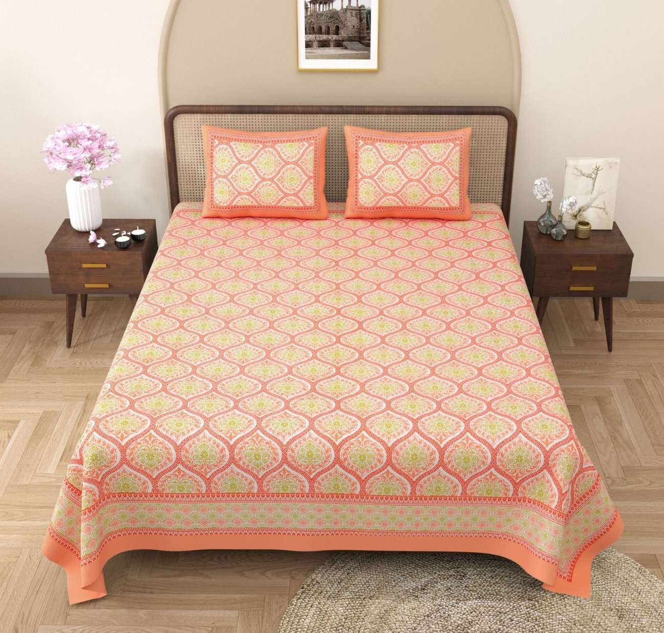 100% Pure Cotton Traditional Printed Bedsheet for Double Bed King Size Bedsheet with 2 Pillow Covers