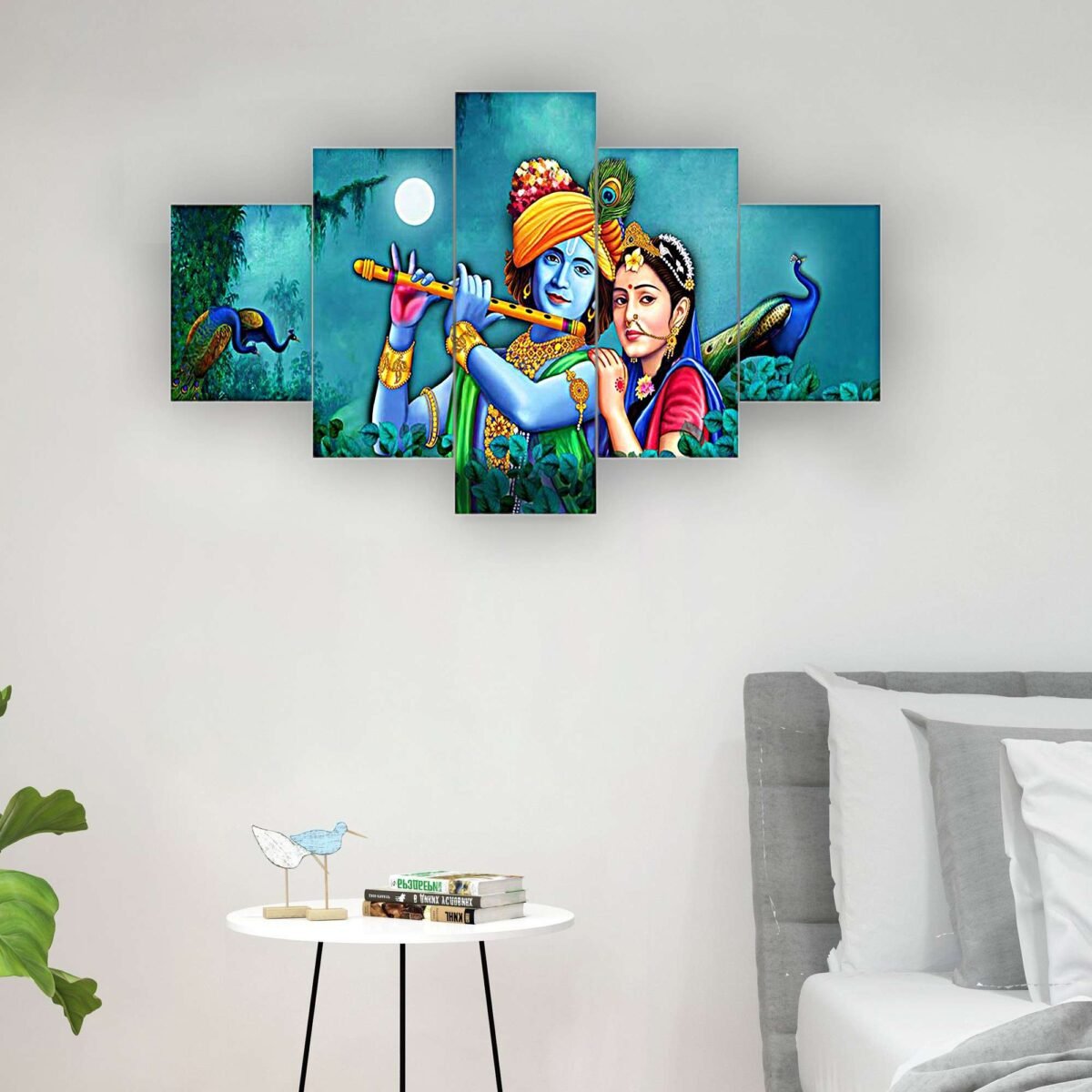 Radhe Krishna Set of Five 3D Framed Paintings for Wall Decoration – Ideal for Home, Living Room, and Bedroom (125 x 60 CM)